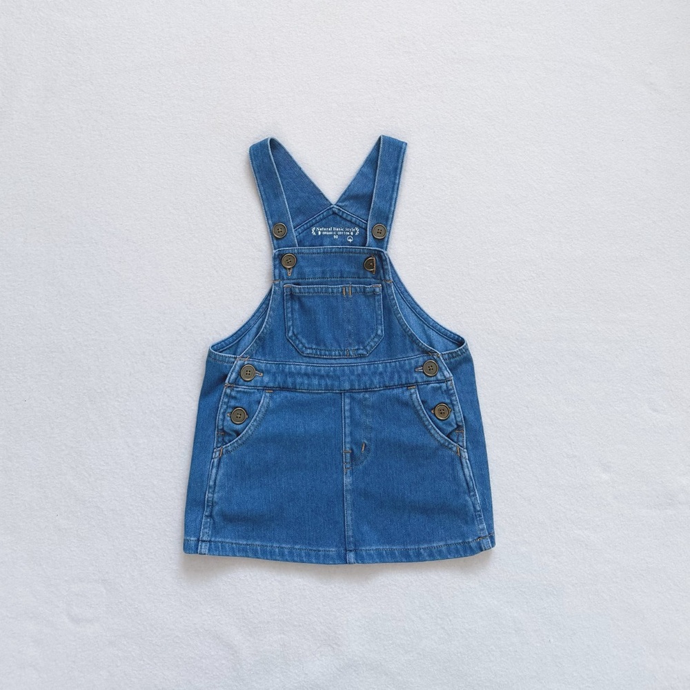 Natural Basic Style Toddler Girl Denim Overall Dress Blue Organic Cotton 18-24M